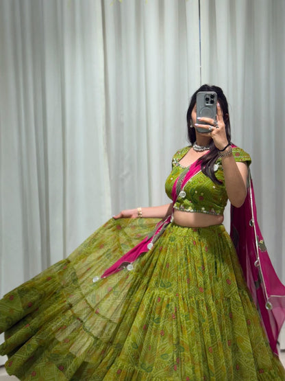 Bandhani Green & Rani Pink Traditional Navratri Lehenga