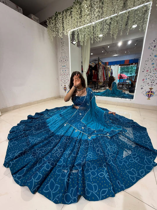 Ocean Blue Ombre Bandhej Festive Lehenga Set
