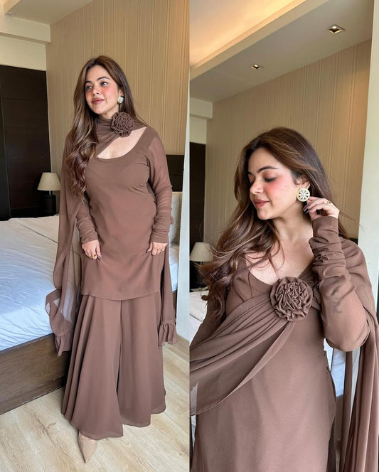 Brown Floral Embroidered Set