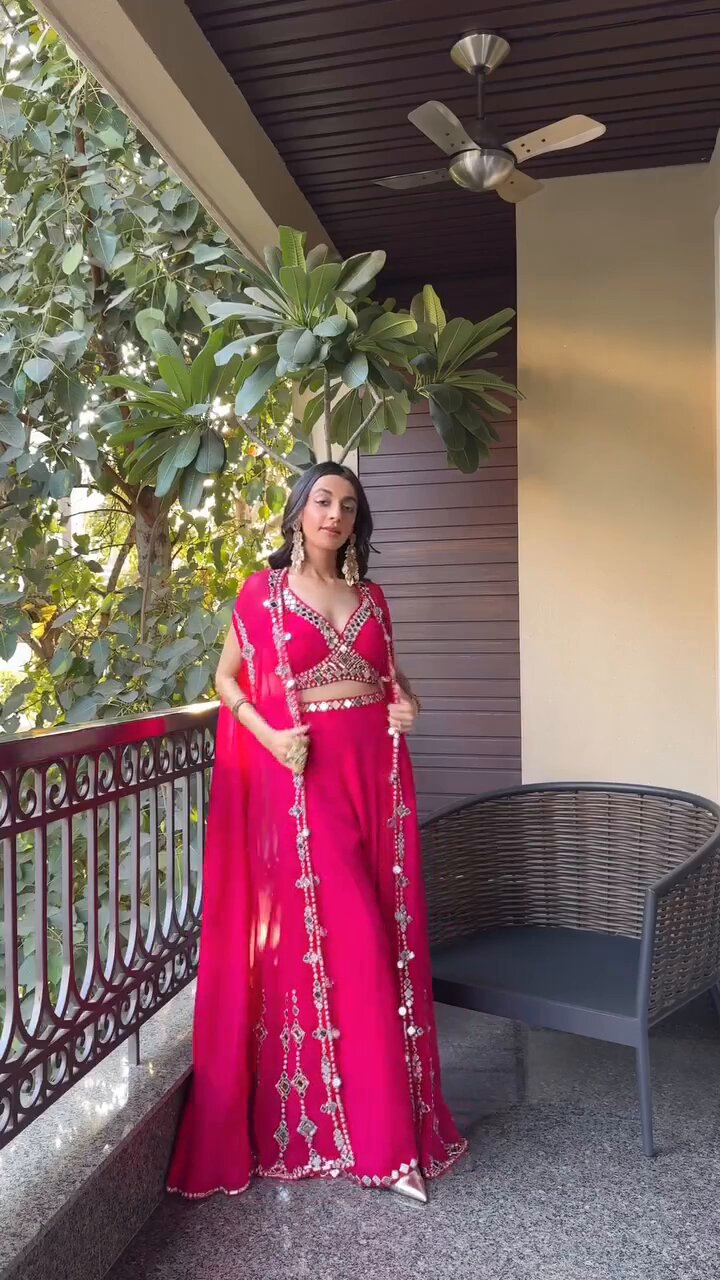 Steel Rani Pink Georgette Mirror Work Crop Top And Sharara