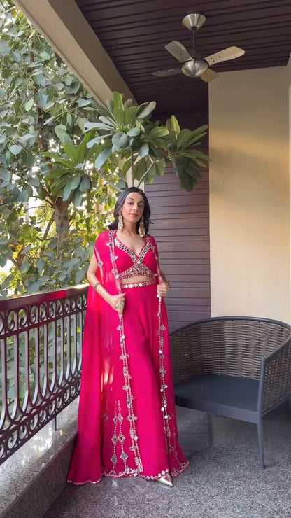 Steel Rani Pink Georgette Mirror Work Crop Top And Sharara