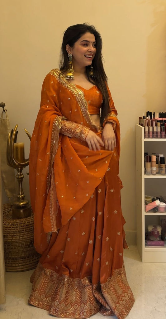 Tittliyan Rust Royal Orange Gajji Silk Lehenga Choli