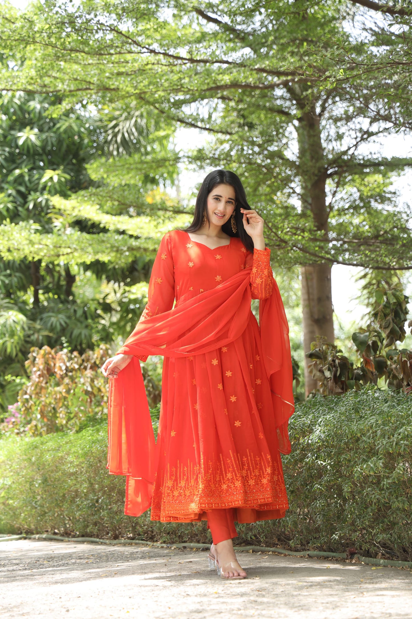 AZANA ORANGE COLOURED ANARKALI SUIT SET