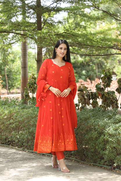 AZANA ORANGE COLOURED ANARKALI SUIT SET