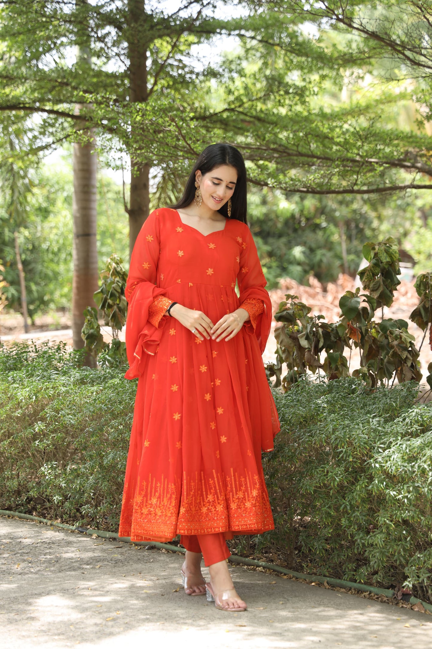 AZANA ORANGE COLOURED ANARKALI SUIT SET