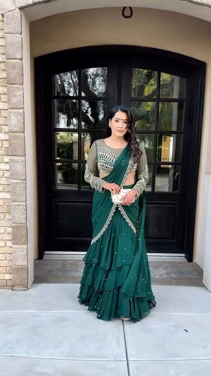 Emerald Green Ruffle Saree with Embellished Blouse