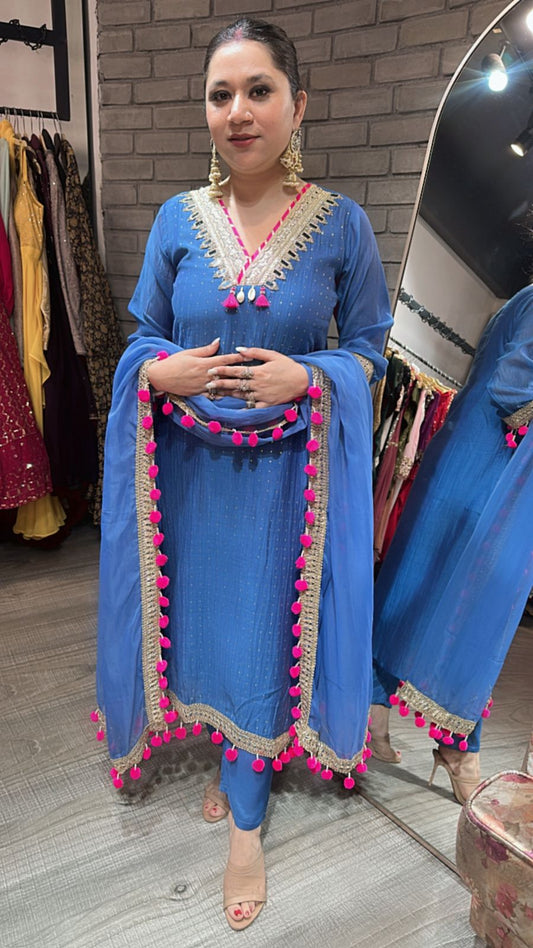 Chakri Blue Pom Pom  Designer suit