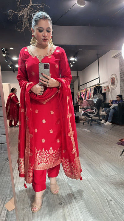 Saubhagyavati Red Dupatta Suit