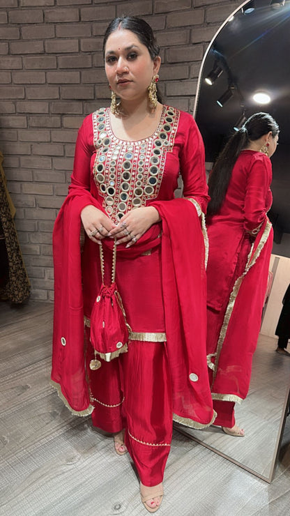 Sindhuri Red Mirror Farshi potli Suit