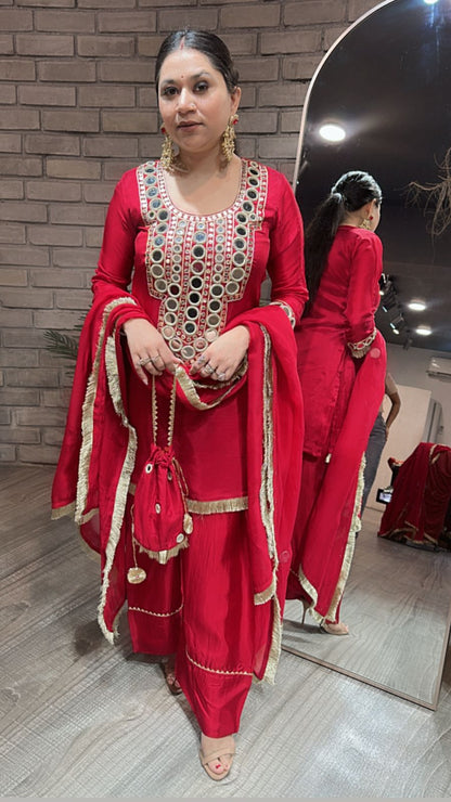 Sindhuri Red Mirror Farshi potli Suit