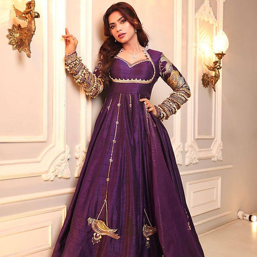 Purple Embroidered Gown with Dupatta in Blooming Vichitra