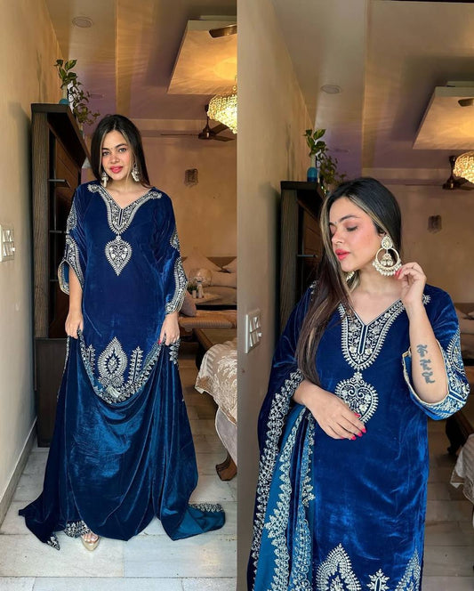 Blue Glamorous Velve Embellished Suit Set