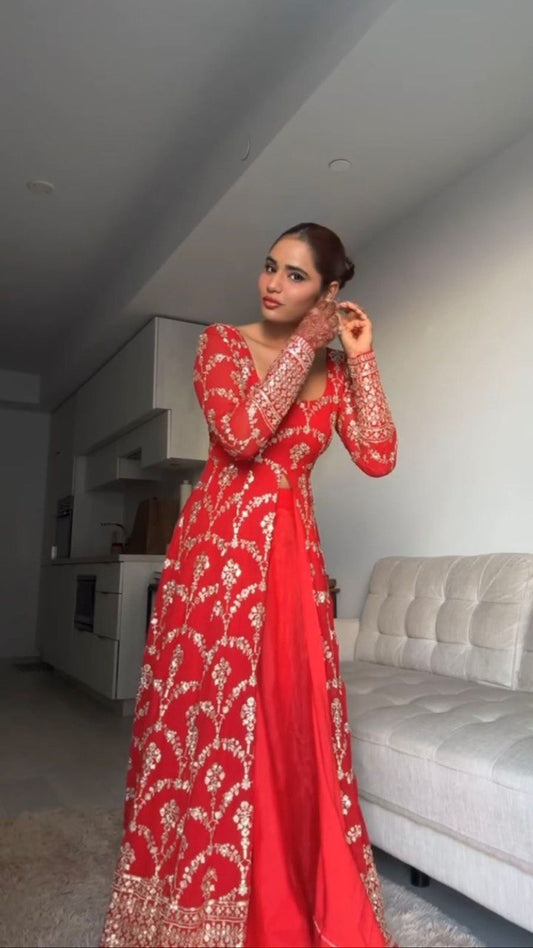 Nisha Embroidered Anarkali Gown with Sheer Sleeves