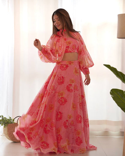 Blush Bloom Multi Floral Organja Fabric Lehengha Choli