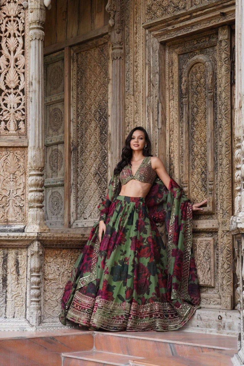 Sunset Serenade Boho Floral Organza Lehenga with Beaded Blouse & Zari Border Dupatta