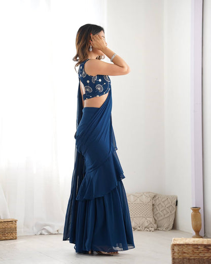 Stylish Navy Blue Ruffle Saree Pant Set