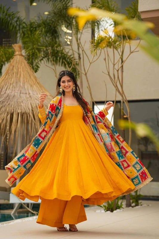 Vibrant Yellow Anarkali Set with Multicolor Patchwork Dupatta Set