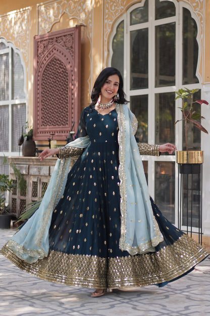 Navy Blue Anarkali Set with Golden Embroidery and Pastel Dupatta