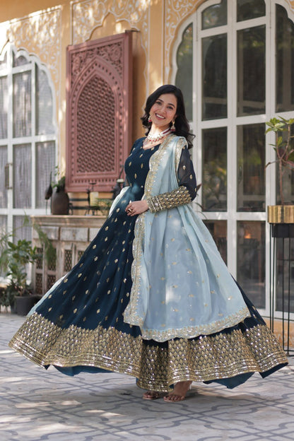 Navy Blue Anarkali Set with Golden Embroidery and Pastel Dupatta