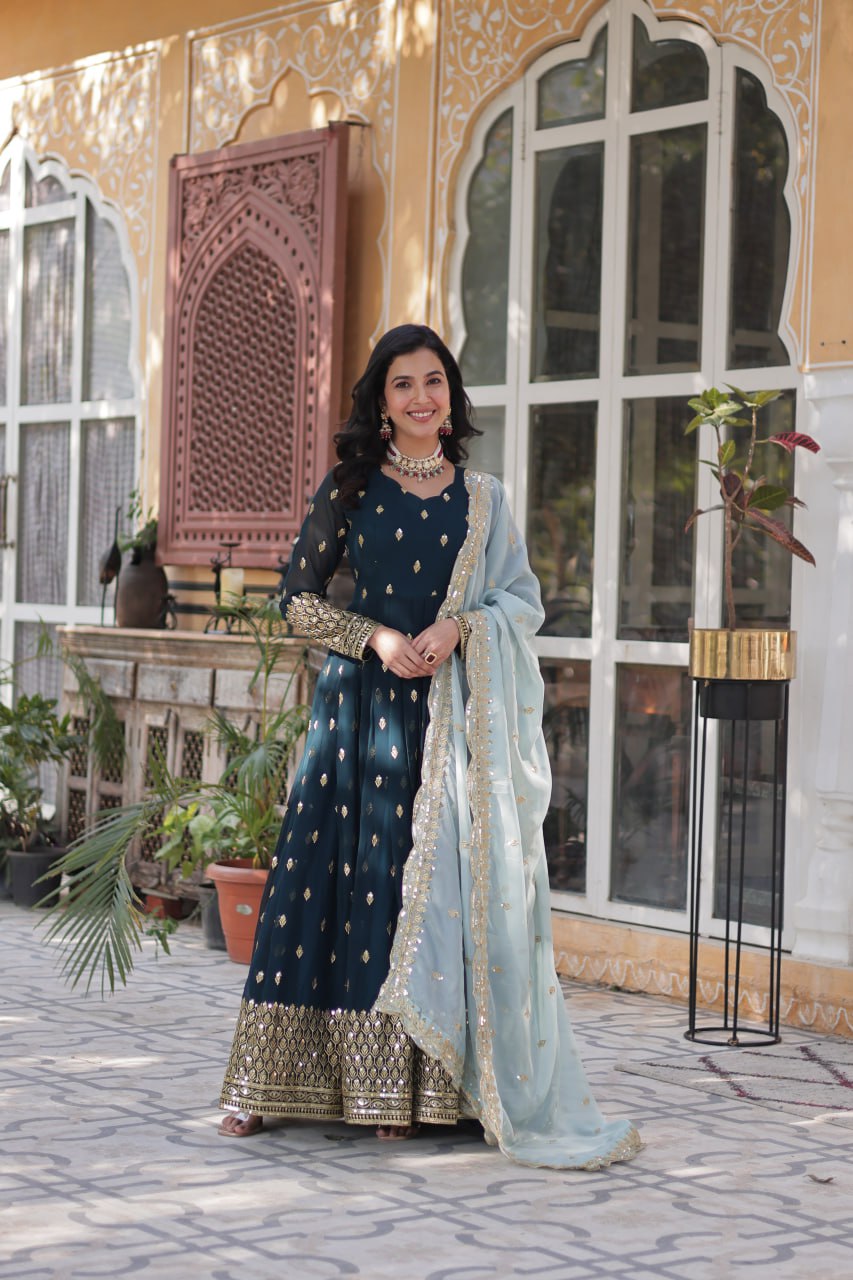 Navy Blue Anarkali Set with Golden Embroidery and Pastel Dupatta