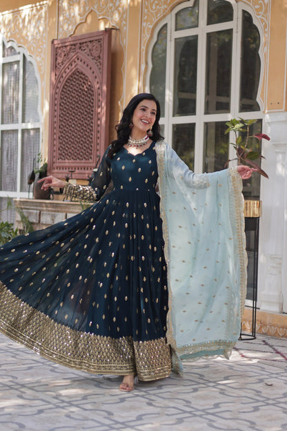 Navy Blue Anarkali Set with Golden Embroidery and Pastel Dupatta