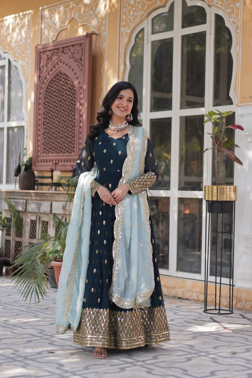 Navy Blue Anarkali Set with Golden Embroidery and Pastel Dupatta