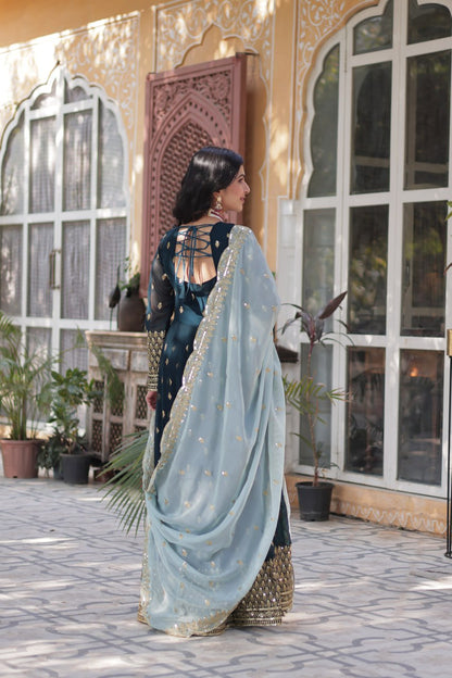 Navy Blue Anarkali Set with Golden Embroidery and Pastel Dupatta