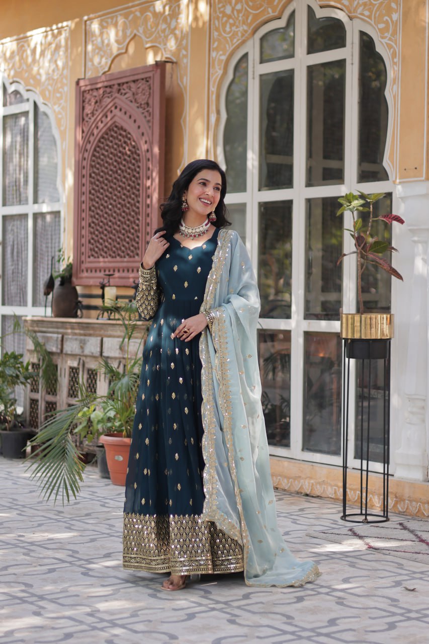 Navy Blue Anarkali Set with Golden Embroidery and Pastel Dupatta