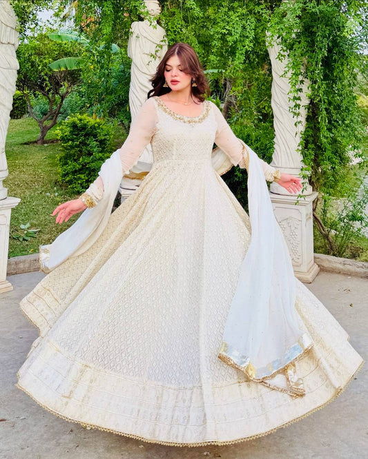 Aliza Golden Grace Royal Borders Embroidery Flowing Anarkali Gown