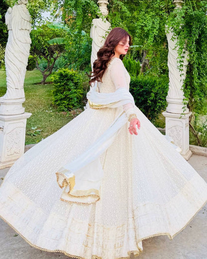 Aliza Golden Grace Royal Borders Embroidery Flowing Anarkali Gown