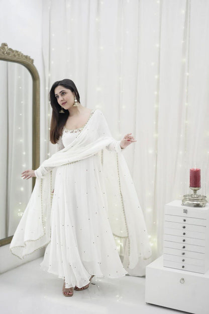 Swan Embroidered Neckline Ethereal White Georgette Anarkali Set