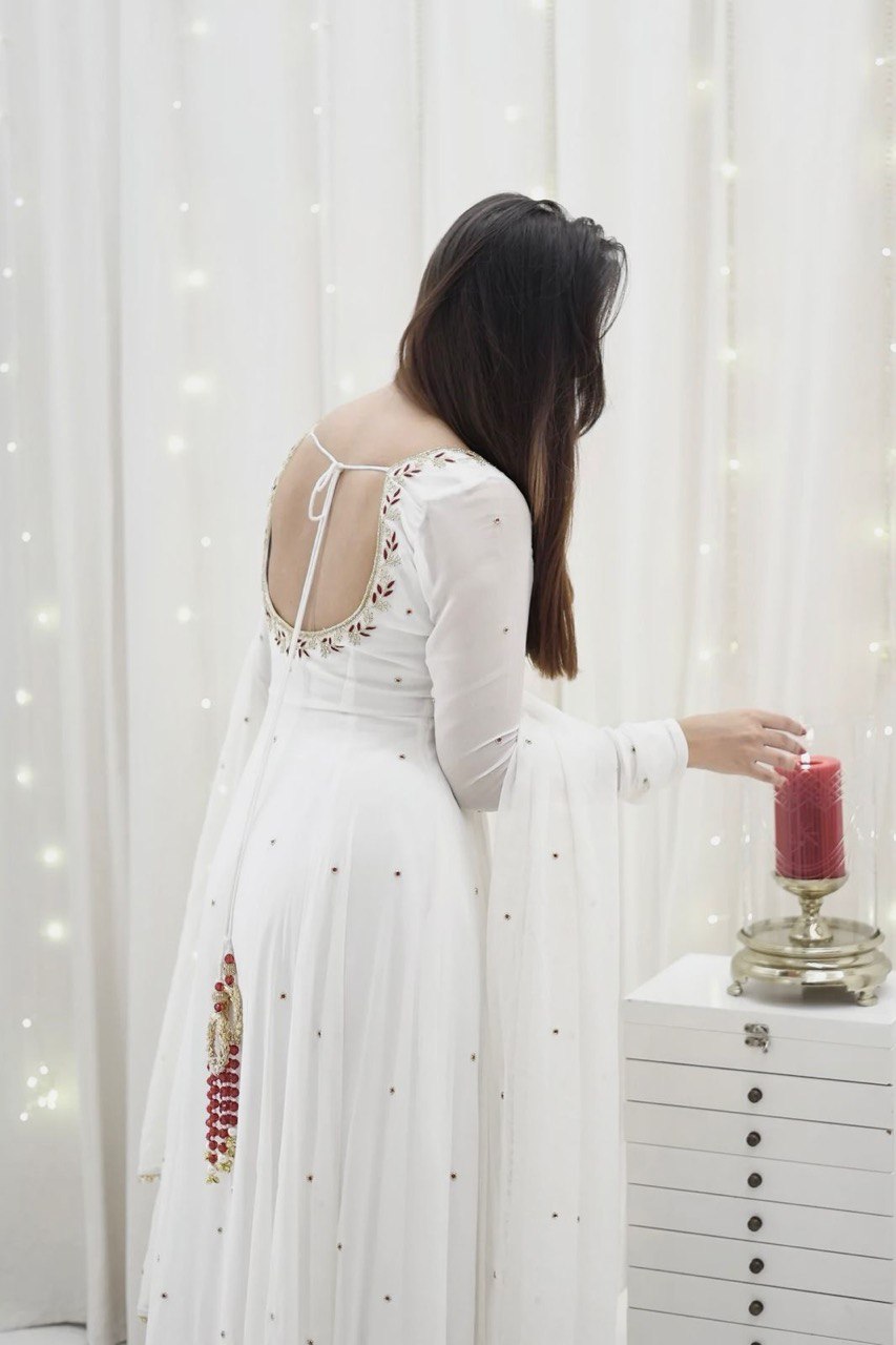 Swan Embroidered Neckline Ethereal White Georgette Anarkali Set