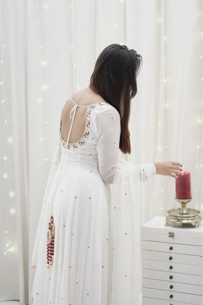 Swan Embroidered Neckline Ethereal White Georgette Anarkali Set
