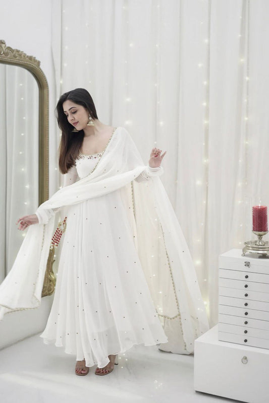 Swan Embroidered Neckline Ethereal White Georgette Anarkali Set