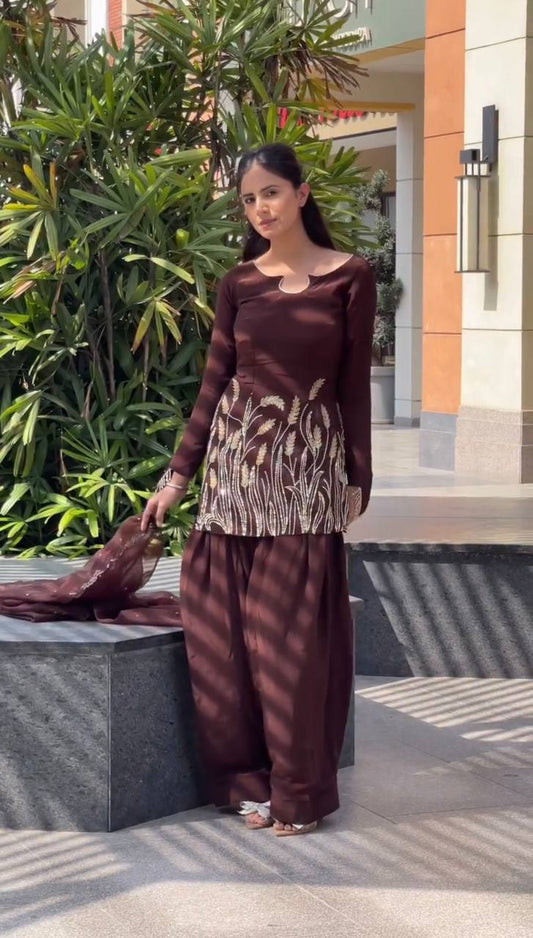 Coffee Bloom Faux Georgette Suit Set with Golden Grain Embroidery