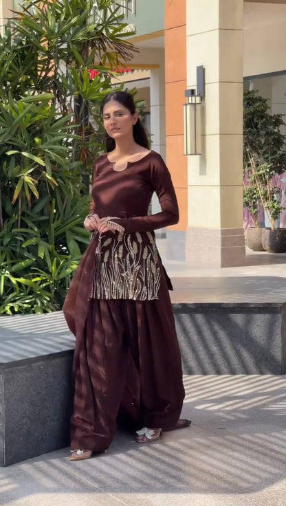 Coffee Bloom Faux Georgette Suit Set with Golden Grain Embroidery