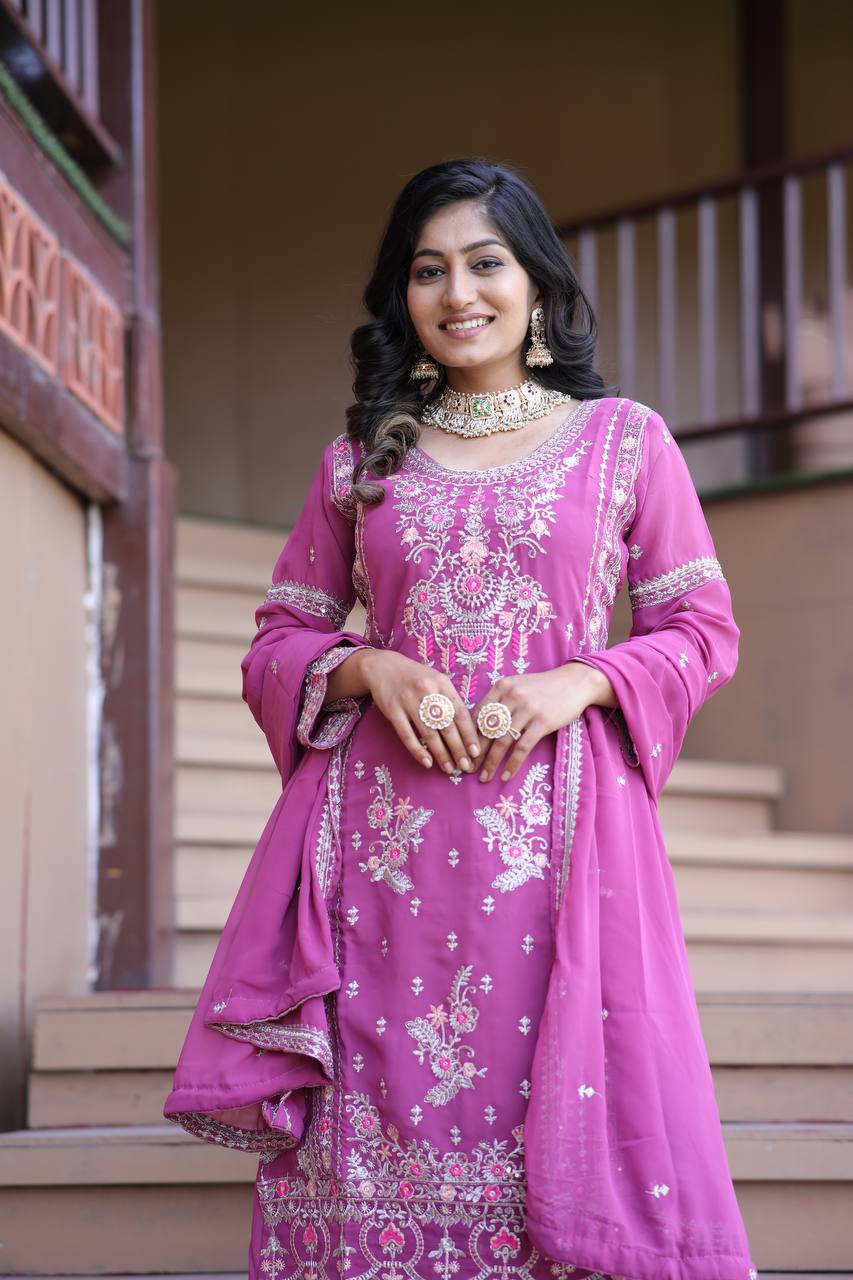 Lavender Love & Crimson Charm Traditional Embroidery Plazzo Set