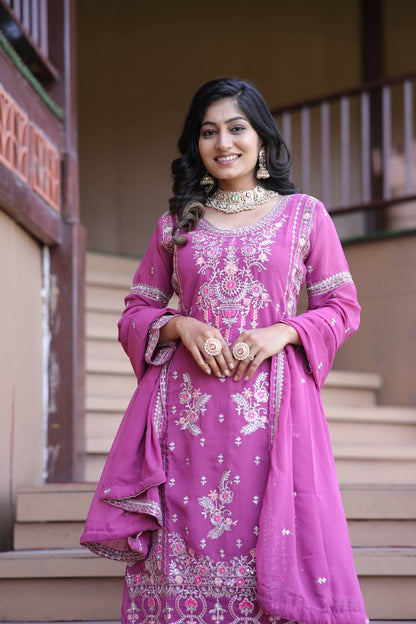 Lavender Love & Crimson Charm Traditional Embroidery Plazzo Set