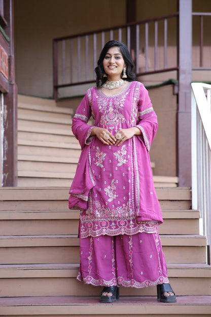 Lavender Love & Crimson Charm Traditional Embroidery Plazzo Set