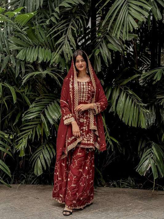 Royal Maroon Embroidered Ensemble Plazzo Suit Set