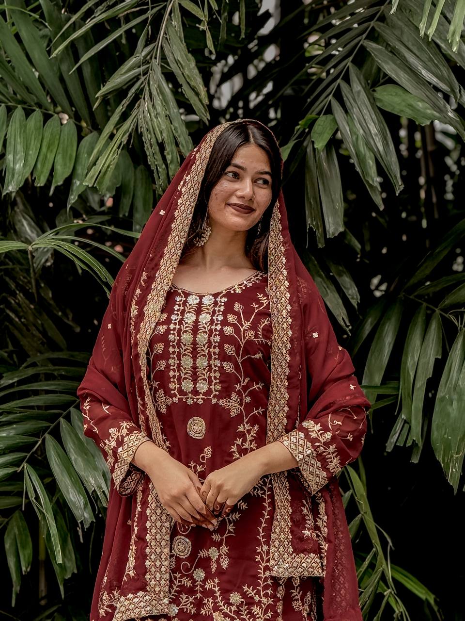 Royal Maroon Embroidered Ensemble Plazzo Suit Set