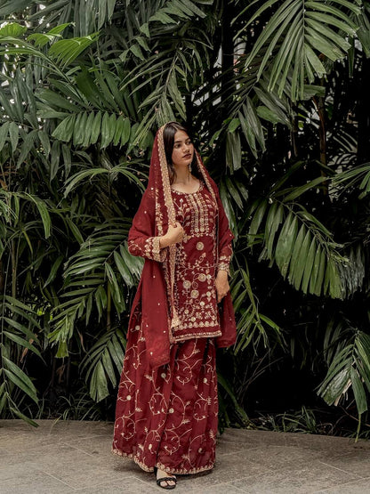 Royal Maroon Embroidered Ensemble Plazzo Suit Set