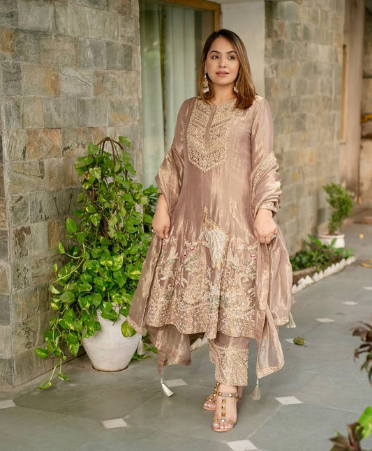 Champagne Gold Hand-Embroidered Peacock Motif Kurta Set