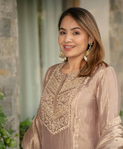 Champagne Gold Hand-Embroidered Peacock Motif Kurta Set