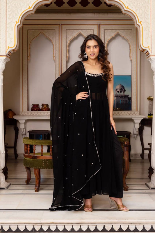 Midnight Elegance Mirror Neckline Black Georgette Anarkali