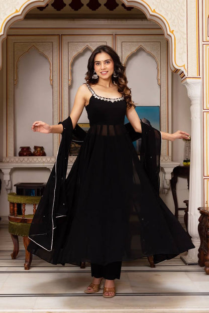 Midnight Elegance Mirror Neckline Black Georgette Anarkali