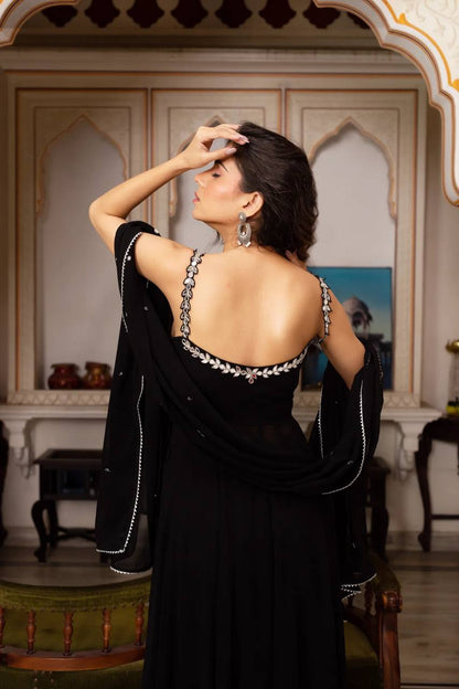 Midnight Elegance Mirror Neckline Black Georgette Anarkali