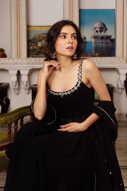 Midnight Elegance Mirror Neckline Black Georgette Anarkali