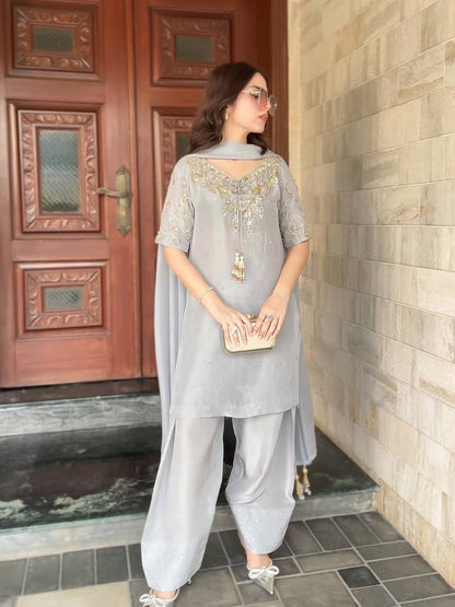 Pearl Mist Elegance Natural Crepe Designer Farshi Palazzo Set