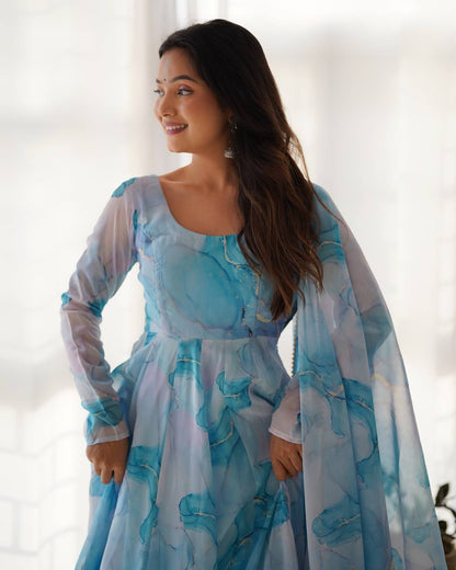 Ocean Mist Marble Print Serenity Anarkali Suit